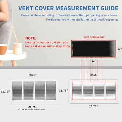 24x10 Return Air Grille (Duct Opening Size), Air Return Vent Cover, AC Vent Cover, Cold Air Return Vent Cover, Flat Return Air Grilles, Outer Dimensions:25.75"W x 11.75"H (24"Wx10"H, Duct Opening)