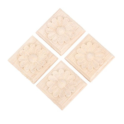 MUXSAM Wooden Carved Appliques Onlays, 4-Pack Unpainted Solid Wood Square Carvings Decals for Cabinet Dresser Cupboard Mirrors Walls Doors Closet Fireplace Wardrobe DIY Project, 6x6cm/2.36"x2.36"