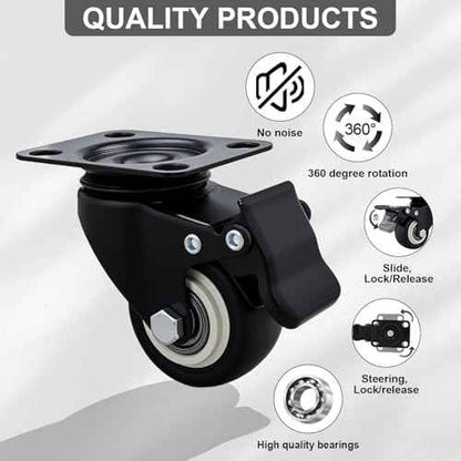 2 Inch Caster Wheels Set of 24 Heavy Duty Casters,with Brake,No Noise Locking Polyurethane (PU) Wheels, for Furniture and Workbench Load 800lbs