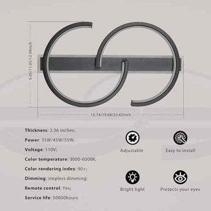 LED Ceiling Light 2 Rings Black Modern Flush Mount Ceiling Lamp with Remote 3000-6000K Living Room Light Fixture 23.62in for Bedroom Dining Room Office
