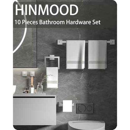 Square Bathroom Hardware Set, Bathroom Accessories Set10 Pieces Includs 16 inch Towel bar, Square Towel Ring, Toilet Paper Holder, Towel Hook (Brushed Nickel-10PCS-16Inch)