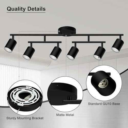 6 Light Track Lighting Fixtures Ceiling, Matte Black Kichen Track Lighting Fixtures with Rotatable Light Heads, Upgrade Light Poles, Modern LED Sopt Lights for Kitchen/Hallway, No GU10 Bulb