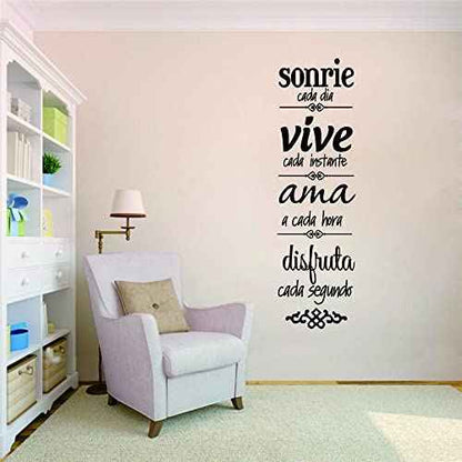 Spanish Inspirational Family Rules Wall Decal - Sonr?e, Vive, AMA Quote for Dining Room and Living Room - Removable PVC Vinyl Art - 11"x38" (Black-JWH283-Sonrie)