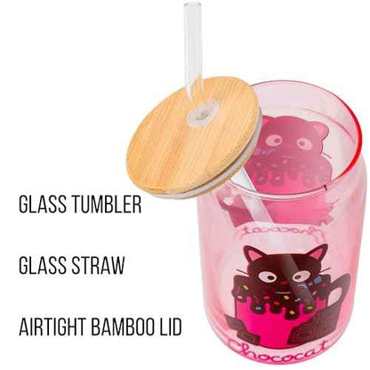 Silver Buffalo Sanrio Hello Kitty & Friends Chococat Chocolate Pink Glass Jar Tumbler with Bamboo Lid and Glass Straw, 16 Ounces
