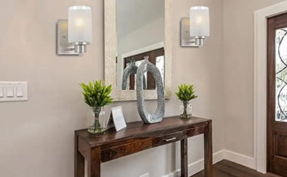 2 Pack Bath Vanity Light Fixture, Modern Indoor Wall Scone Lighting White Linen Frosted Glass Shades with Brush Nickle Finish Wall Lamp for Bathroom Kitchen Entryway Bedside