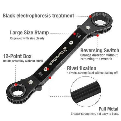 DURATECH 1/4 Inch x5/16 Inch Double Offset Box End Reversible Ratcheting Wrench, SAE, Heavy-duty, Matte Chrome Plated, Ratchet Spanner Crooked for Narrow Spaces