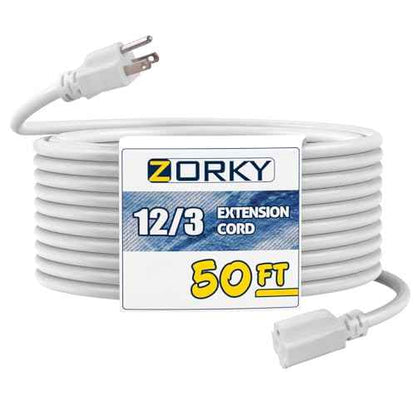 50ft Indoor Outdoor Extension Cord - 12/3 SJTW Heavy Duty Extension Cable with 3 Prong Grounded Plug for Safety -15Amp 1875W White Electric Cord Great for Garden, Appliances
