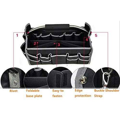 16"Open Tool Tote Collapsible bag with Shoulder Strap Portable Waterproof Tool Organizer Made Oxford Cloth with Suitable for Electrician, Carpenter