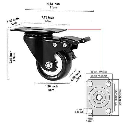 2" Caster Wheels Set of 16, Heavy Duty Casters with Brake, No Noise Locking Casters with Polyurethane (PU) Wheels, Swivel Plate Castors Pack of 16