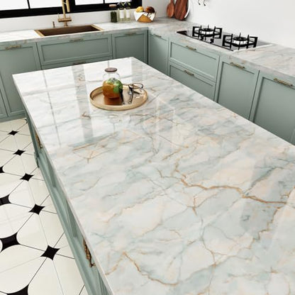 Glossy Cyan Marble Contact Paper Peel and Stick Countertops Waterproof Marble Wallpaper for Bathroom Green/Yellow Vinyl Self Adhesive Kitchen Countertop Contact Paper for Cabinets Tables 15.8"x78.7"