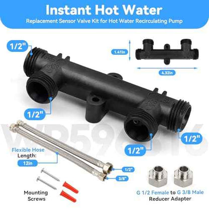 WP596816 Sensor Valve Kit for watts Recirculating Hot Water Pump, Essential Component of Hot Water Recirculation System, Includes 2 x 12in Stainless Steel Pipes & Thermal Bridge Valve