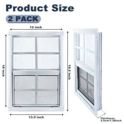 12" x 18" Shed Window, 2 Pack White Flush Mount Household Windows with Tempered Glass and Fiberglass Screen for Shed, Garage, Chicken Coop, Playhouse, Small Tiny House