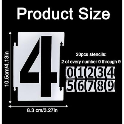 4 Inch Number Stencils for Painting, 0-9 Address Number Stencil Set, 20PCS Plastic Number Stencils, Curb Stencil Kit, Reusable Digital Templates for Painting on Cake Curb Road Wall Wood Mailbox