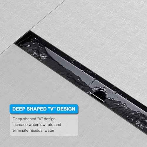 24 Inch Black Linear Shower Drain, Rectangular Shower Floor Drains with Square Hole Cover, 304 Stainless Steel Linear Drain with Leveling Feet, Hair Strainer (Matte Black)