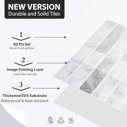 ReWallpaper Marble Peel and Stick Backsplash Waterproof Kitchen Tiles for Wall 12"x12" Removable Grey White Rectangular Subway Tile Self Adhesive Stick on Backsplash for Kitchen Laundry Rooms 3-Sheet