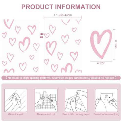 SOON AFTER White and Pink Contact Paper Heart Wallpaper Peel and Stick Wallpaper Modern Removable Self Adhesive Waterproof Wall Paper for Bedroom Kids Room Nurseryls 17.3"x120"