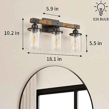 3-Light Bathroom Light Fixtures, Farmhouse Bathroom Vanity Light Rustic Wood Industrial Vintage Black Small Wall Light Sconce Lamp Over Mirror with Clear Glass Shade for Bedroom