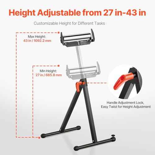 VEVOR 2-Pack Stands 250 lbs Load Capacity, 27-43 in Adjustable Height, Folding Heavy Duty with Polished Steel Roller Head & Edge Guides, for Table Saw Outfeed Woodworking Extension Support, Black
