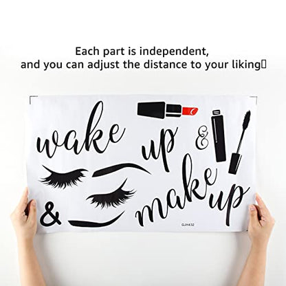 SUPERDANT PVC Wall Stickers Wake Up Make Up Eyelash Cosmetics Pattern Vinyl Lettering Wall Art Decals for Bedroom Powder Room Bathroom Decor 23"x14"