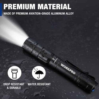 WORKPRO Rechargeable Pen Light, Mini Flashlight, 2 Pack Ultra-Compact EDC Flashlight, Pocket Flashlight with Clip, Memory Function and 2 x USB C Cable Included, Black