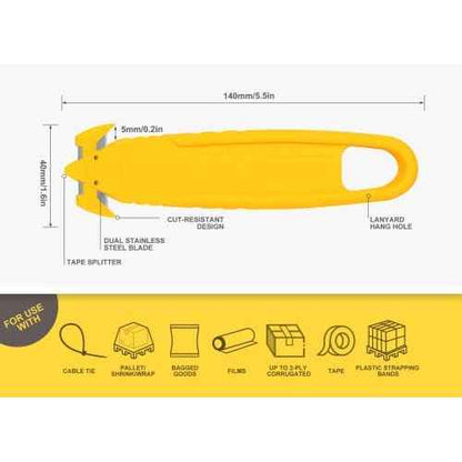Safety Box Cutter, T TOVIA SK2 Stainless Steel Concealed Blade Package Opener with Tape Splitter for Cartons, Cardboard, Wrap, Straps, Film (5 Pieces - Yellow)