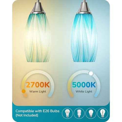 EDISHINE Pendant Lights Kitchen Island, Blue Handcrafted Art Glass Hanging Light, Blown Glass Pendant Light Fixtures Teal with Gold, Adjustable Brushed Nickel Rods, Hardwired Over Island Bar E26
