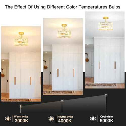 Modern Crystal Ceiling Light, Brushed Gold Semi Flush Mount Ceiling Lighting Fixture, Brass Hallway Light Fixtures Chandelier for Kitchen, Bedroom Dining Room Hallway Closet, 3-Light, 12 Inch