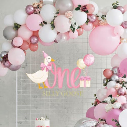 One Silly Goose Party Decal Sign Pink First Birthday Wall Sticker Pink Bow Goose Sweet Party Backdrop Photo Prop for 1st Girl Birthday Balloon Arch