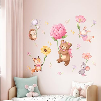Pink Cartoon Animal Wall Decals, Bear Squirrel Rabbit Holding Flowers Flying Wall Stickers Peel and Stick Wall Decal Self Adhesive Wall Art Sticker for Girls Baby Nursery Kids Room Home Decor