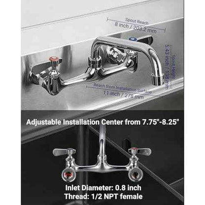 [CA. Available] Sepaitek Leak-Free Commercial Sink Faucet 8" Center 8" Spread Swivel Spout, Wall Mount Kitchen Faucet 2 Hole 2 Handles, Laundry Industrial Restaurant Compartment Sink Faucet, Brass