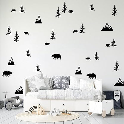 Wilderness Wall Decals Mountains Bears Trees Wall Stickers Vinyl Wall Art for Kids Room Nursery Decor Y93 (Black)