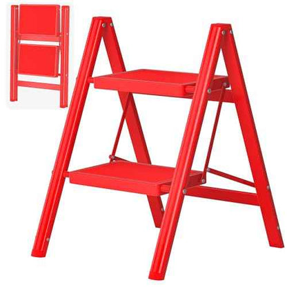 2 Step Ladder, Folding Step Stool with Anti-Slip Wide Pedal, Anti-Slip Feet, Sturdiest Steel Construction, Steel Ladder for Home and Office, Red