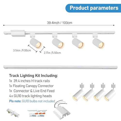 4-Light LED Track Lighting Kit with 3.3FT H Track Lighting Rails & Floating Canopy Connector, GU10 Track Light Kit, Modern Kitchen Track Lighting Fixtures Ceiling Spot Light, White (No Bulbs)