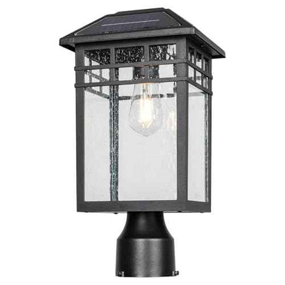 Solar Outdoor Post Light Fixture, Modern Exterior Pillar Lantern with Black Finish & Seeded Glass, Dusk to Dawn Outside Pole Light for Garden, Backyard, Courtyard, Patio, Pathway