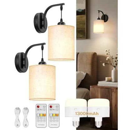 Battery Operated Wall Sconce, Black Rechargeable Sconces Set of 2, Wireless Wall Lamp Remote, Timer & 13000mAh bulbs, Battery Powered Dimmable Scones/Lights for Bedroom, Living Room, Bathroom