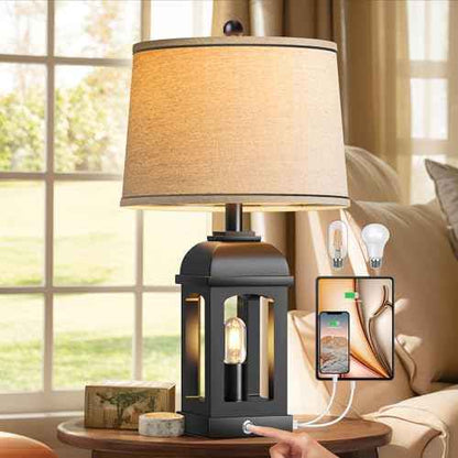 QiMH Table Lamp for Living Room, Farmhouse Lamps with USB A+C and Nightlight, 26" Rustic Bedside Lamps with 3-Way Dimmable Touch Control, Nightstand Lamp for Bedroom, Black, 1 Pack