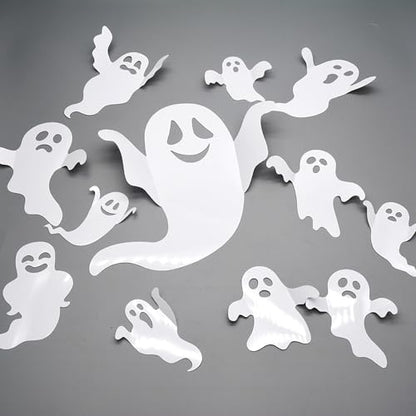 24pcs 3D Ghost Stickers - Reusable Cute Halloween Decor - Self-Adhesive White Ghost Wall Stickers for Gothic Window, Door, Wall, Room, Closet