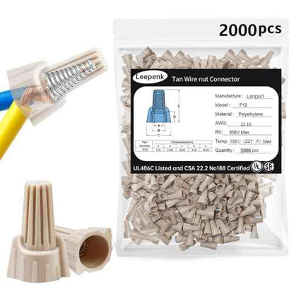 Leepenk Tan Wire Nuts Connectors P12 22-10AWG Twist Wire Caps Electrical Wire Connectors, Winged Springs Screw Terminals Wire Nuts Assortment Kit for Wire Connection(2000 pcs)