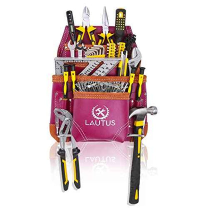 LAUTUS Oil Tanned Leather Tool Pouch Bag |Burgundy |Carpenter, Construction, Framers, Handyman | 10 Pockets, 2 Hammer Holders | 100% Leather