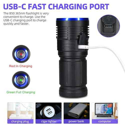 DARKBEAM UV Flashlight 365nm Blacklight LED Ultraviolet Black Light, Rechargeable USB -C Powerful 50W Woods lamp - Dog Urine Detector, Rock Hounding, Resin Curing