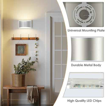 FOLKSMATE Modern LED Wall Sconces, 3000K Warm White Wall Lights Set of 2, 10W Up and Down Mount Light, Sliver Hardwired Indoor Sconces Lighting Lamp for Bedroom Bedside Hallway Living Room