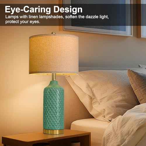 G-SAFAVA24.25 Modern Ceramic Green Table Lamps Set of 2 for Living Room, Farmhouse, Bedside, Bedroom, Side & End Tables Nightstand Light Home Office Desk Lamps Gifts