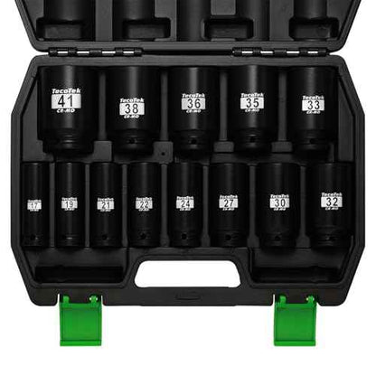1/2" Drive Deep 6-Point Impact Socket Set, 13-Piece Spindle Axle Nut Impact Socket Set, Cr-Mo, Metric (17mm to 41mm), Enhanced Storage Case