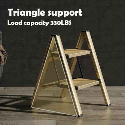 HillhutApex 2 Step Stool, Aluminum Foldable Step Ladder, Lightweight Stable Stool with Wide Non-Slip Pedals, 330lbs Bearing Capacity Ladder for Office,Home,Kitchen - Gold