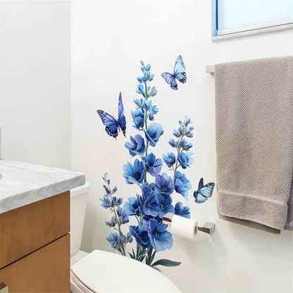 Blue Flower Butterfly Wall Stickers, sacinora Daisy Peony Violets Floral Art Wall Decals Removable Vinyl Peel and Stick for Bathroom Bedroom Home Decorations