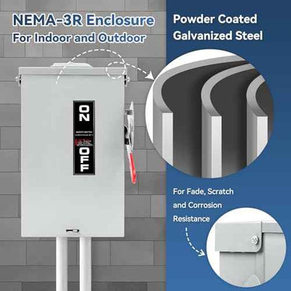 60 Amp Disconnect Box, 3 Pole Fusible Safety Switch, 110/240V, Heavy Duty Metal Structure, Reserved Knout-Outs Design, NEMA 3R Enclosure for Outdoor, 10-Year Warranty, Ideal for Commercial Application