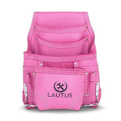 LAUTUS Oil Tanned Leather Tool Pouch Bag |Pink |Carpenter, Construction, Framers, Handyman | 10 Pockets, 2 Hammer Holders | 100% Leather