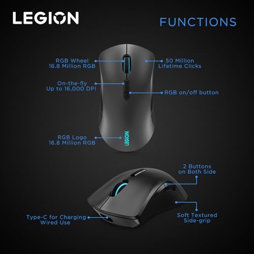 Lenovo Legion M410 Wireless RGB Gaming Mouse – 6 Button Palm Grip Mouse with 16,000 DPI, 53 Hour Rechargeable Battery, 2-Zone RGB Lighting, NVIDIA Reflex Compatible