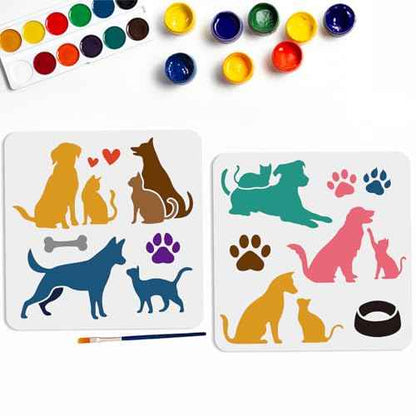 MAYJOYDIY 2pcs Cat Dog Stencils 11.8¡¿11.8inch Love Pet Animal Stencil with Paint Brush Reusable Dog Paw Print Bone Dog Bowl Template for DIY Craft Canvas Wall Wood Home Decor