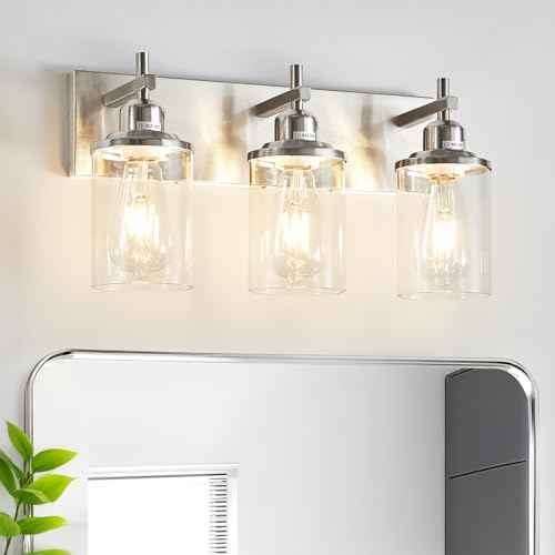 3-Light Brushed Nickel Bathroom Light Fixture Over Mirror Modern Bathroom Vanity Light Vintage Wall Lighting with Clear Glass Shade for Bathroom, Bedroom, Hallway, Cabinet